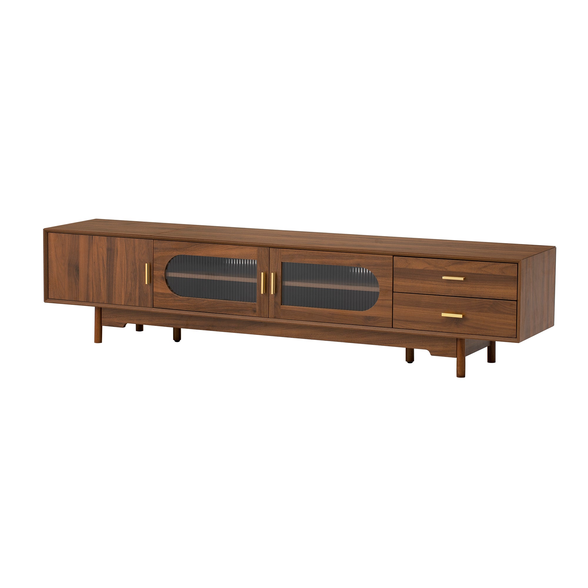 79" Modern Walnut TV Stand with Fluted Glass Doors & Drawers