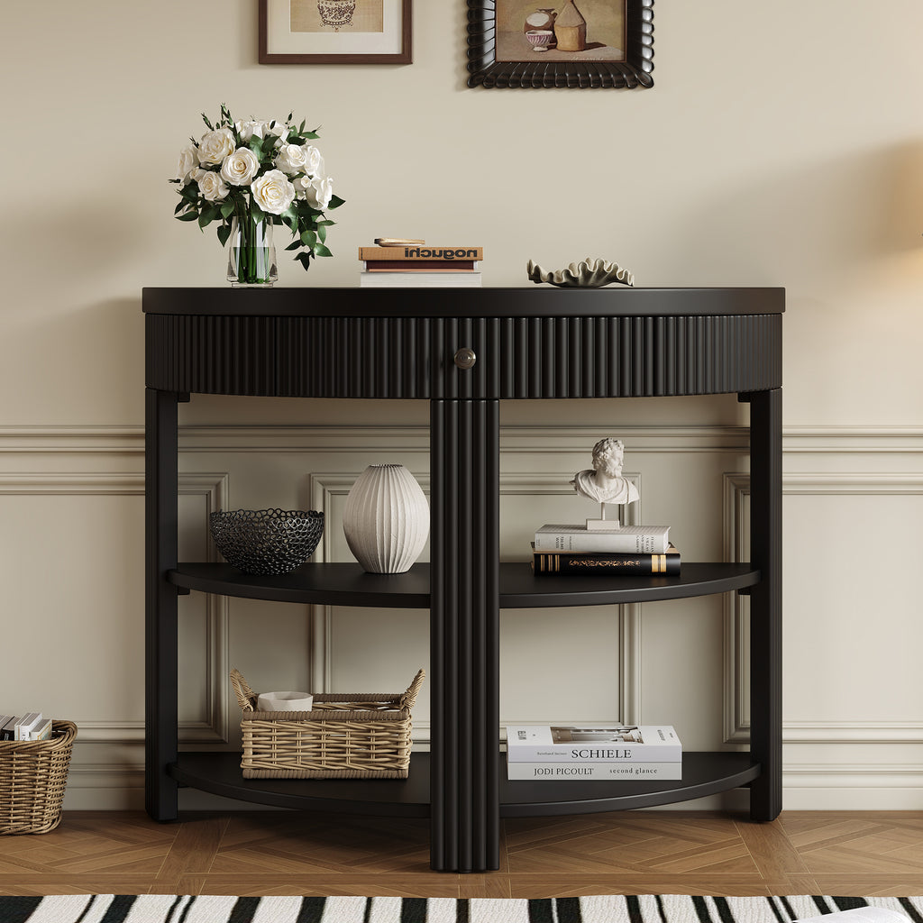 PlushPad Fluted Half Moon Console Table with Drawer & Shelves