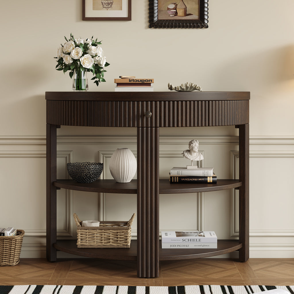 PlushPad Fluted Half Moon Console Table, Espresso with Drawer & Shelves