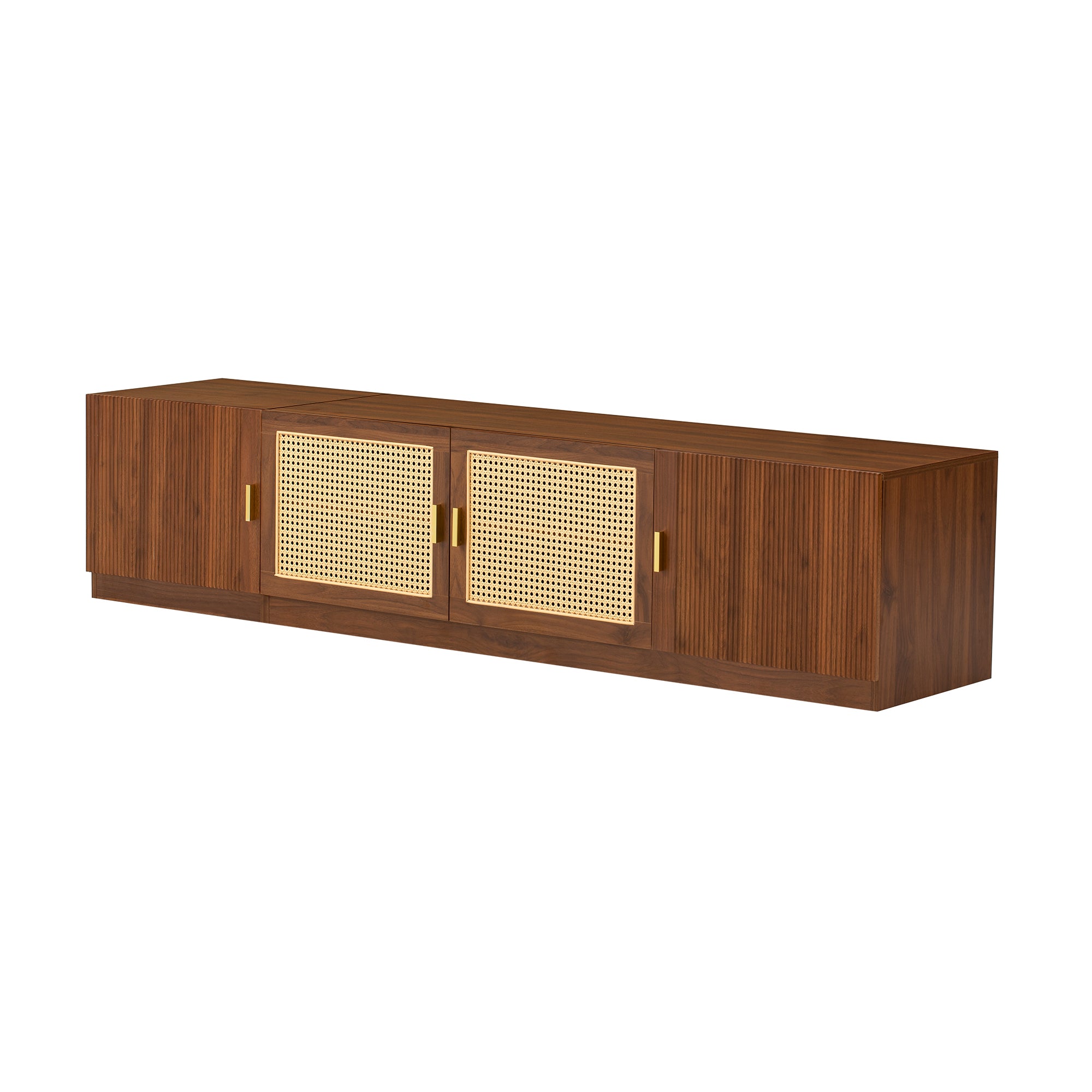 79" Retro Walnut TV Stand for TVs up to 85" with Rattan Doors