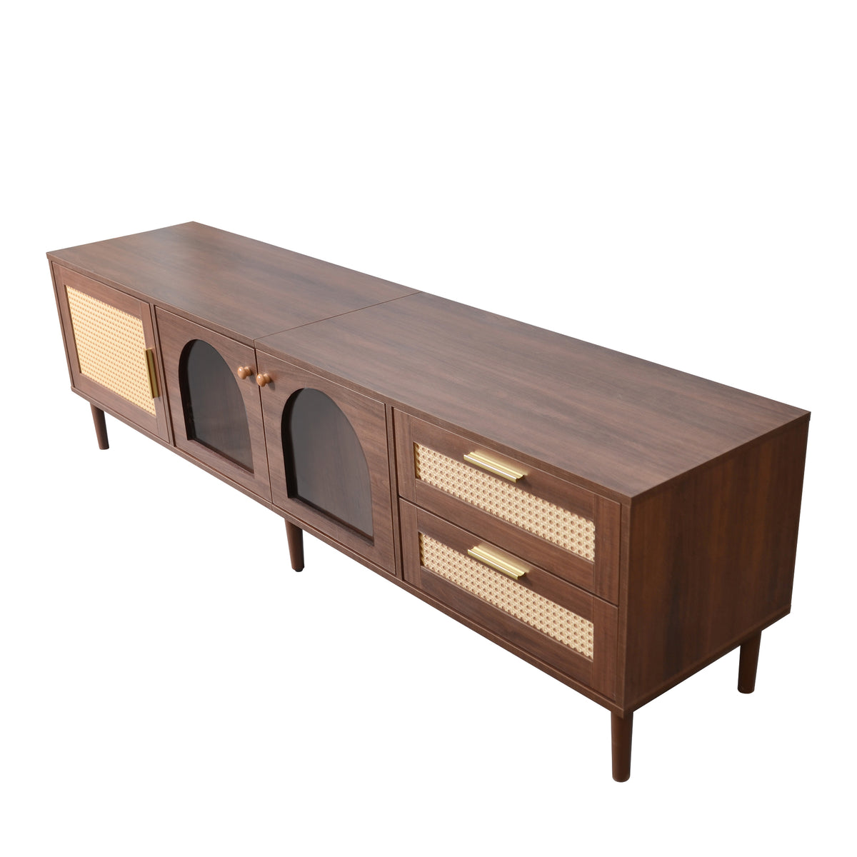 79" Retro Walnut TV Stand for TVs up to 85" with Rattan Doors