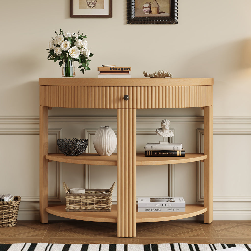 PlushPad Fluted Half Moon Console Table, Natural Wood with Drawer & Shelves