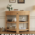 PlushPad Fluted Half Moon Console Table, Natural Wood with Drawer & Shelves